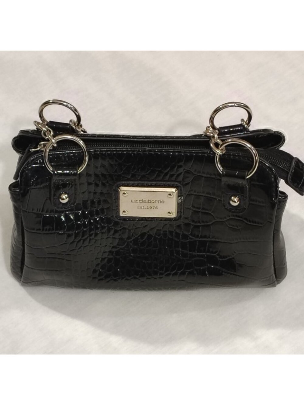 Liz Claiborne Handbag Purse Black 9"x6" Faux Croc Leather Shiny Pockets Chain - Picture 14 of 16